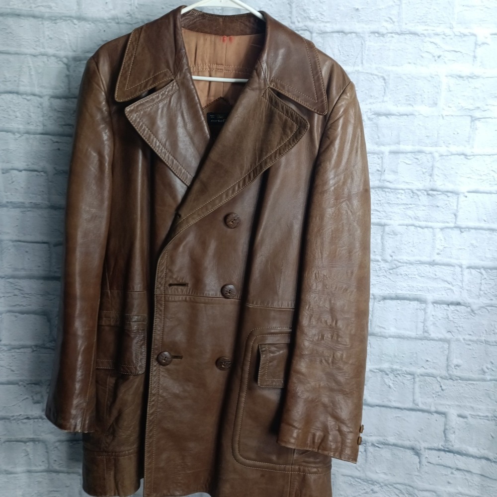 Vintage Cortefiel Brown Leather Jacket Size 40 Made in Spain Double Breasted